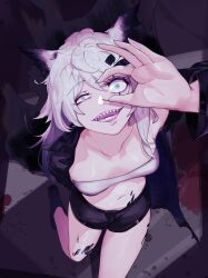 Rule 34 | 1girl, absurdres, animal ears, arknights, arm up, black jacket, black shorts, blood, blue eyes, breasts, cleavage, collarbone, commentary request, crazy eyes, from above, hair ornament, hairclip, highres, jacket, lappland (arknights), leg up, long hair, long sleeves, looking at viewer, looking up, material growth, medium breasts, navel, open clothes, open jacket, open mouth, oripathy lesion (arknights), scdz2344, sharp teeth, short shorts, shorts, solo, standing, standing on one leg, strapless, teeth, tube top, white hair, wolf ears