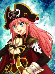 Rule 34 | 1girl, :d, bad id, bad pixiv id, belt, blue eyes, cape, ascot, epaulettes, eyelashes, hair ornament, hairclip, hand on own hip, hat, hat feather, hip focus, katou marika, long hair, miniskirt pirates, open mouth, pink hair, pirate, pirate hat, rapier, roouii, signature, skull, skull and crossbones, smile, solo, sword, weapon