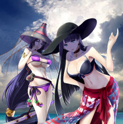 Rule 34 | 2girls, absurdly long hair, bare shoulders, bikini, black hat, blue eyes, breasts, chef no kimagure salad, choker, cleavage, collarbone, cross, eyepatch bikini, fate/grand order, fate (series), hand on own hip, hat, highres, index finger raised, large breasts, long hair, looking at viewer, martha (fate), martha (swimsuit ruler) (fate), martha (swimsuit ruler) (first ascension) (fate), minamoto no raikou (fate), minamoto no raikou (fate/grand order), minamoto no raikou (swimsuit lancer) (fate), minamoto no raikou (swimsuit lancer) (first ascension) (fate), multiple girls, navel, purple hair, swimsuit, underboob, very long hair