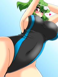 Rule 34 | 1girl, adidas, akasode (tyaramu), armpits, arms behind head, arms up, blush, breasts, cleavage, competition swimsuit, covered navel, gradient background, green hair, heart, highres, huge breasts, kazami yuuka, looking at viewer, multiple girls, one-piece swimsuit, one eye closed, parody, red eyes, short hair, sideboob, smile, swimsuit, touhou