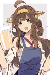 Rule 34 | 1girl, ahoge, alcohol, apron, beer, beer mug, blue apron, brown hair, commentary request, cup, detached sleeves, double bun, grey background, grey eyes, hair bun, hairband, headgear, japanese clothes, kantai collection, kongou (kancolle), long hair, mug, ribbon-trimmed sleeves, ribbon trim, solo, takamachiya, upper body