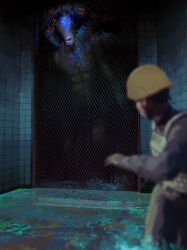 Rule 34 | 1boy, blurry, blurry foreground, chain-link fence, factory, fence, helmet, highres, horror (theme), indoors, monster, original, partially submerged, running, short hair, splashing, teeth, toy(e), water, yuugai choujuu