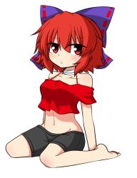 Rule 34 | 1girl, adapted costume, bandaged neck, bandages, bare shoulders, barefoot, bike shorts, blush, bow, collarbone, contemporary, crop top, full body, groin, hair bow, highres, looking at viewer, midriff, navel, off shoulder, purple bow, red eyes, red hair, sekibanki, short hair, sitting, solo, sumiya nadateru, touhou, wariza, white background