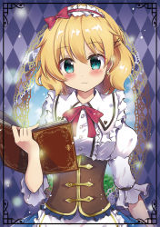 Rule 34 | 1girl, alice margatroid, beni kurage, blonde hair, blue eyes, blush, book, bow, breasts, closed mouth, corset, hairband, highres, holding, holding book, looking at viewer, medium breasts, open book, puffy short sleeves, puffy sleeves, red bow, short hair, short sleeves, smile, solo, touhou
