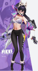 Rule 34 | 1girl, absurdres, arm up, artist name, bandeau, black c (net dust), black footwear, black hair, black pants, bound ankles, breasts, cleavage, collarbone, commentary, copyright name, covered mouth, full body, goddess of victory: nikke, gradient hair, gun, hair between eyes, headgear, high ponytail, highres, holding, holding shoes, holding strap, holographic clothing, jacket, large breasts, long hair, looking at viewer, mask, midriff, mouth mask, multicolored hair, navel, pants, purple eyes, purple jacket, shoes, sidelocks, sin (nikke), single bare shoulder, sneakers, solo, standing, strapless, two-tone hair, very long hair, weapon, white bandeau, white hair, yoga pants, zoom layer