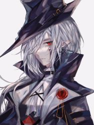 Rule 34 | 1girl, arknights, ascot, black dress, black headwear, dress, earrings, gladiia (arknights), goth fashion, hair over one eye, hat, high collar, highres, jewelry, jiao shenme ming hao ne, lips, looking at viewer, pointy ears, pointy hat, red eyes, silver hair, simple background, tricorne, upper body, white ascot, white background