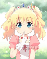Rule 34 | 1girl, absurdres, alice cartelet, blue eyes, blush, closed mouth, commentary, finger to mouth, flower, gloves, hair between eyes, highres, ikazu401, kin-iro mosaic, long hair, pink shirt, puffy short sleeves, puffy sleeves, red flower, red ribbon, red rose, ribbon, rose, shirt, short sleeves, shushing, smile, solo, tiara, twintails, white gloves