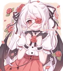 Rule 34 | 1girl, artist name, bat wings, black choker, black collar, black ribbon, blush, border, buttons, choker, clenched hands, collar, collared shirt, commentary, cross, cross choker, english commentary, eyelashes, fang, flower, flower brooch, flower eyepatch, frilled choker, frilled shirt collar, frilled sleeves, frills, gift art, hair flower, hair ornament, hair ribbon, hands on own chest, highres, leaf, long hair, looking at viewer, one-eyed, open mouth, original, petals, procreate (medium), puffy short sleeves, puffy sleeves, red eyes, red flower, red rose, red skirt, ribbon, rose, shirt, short sleeves, skirt, smile, twintails, upper body, very long hair, white border, white hair, white shirt, wings, yellow background, yukomeow