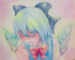 Rule 34 | 1girl, angry, blue eyes, blue hair, bow, cirno, crying, closed eyes, hair bow, ice, ice wings, matching hair/eyes, open mouth, painting (medium), short hair, solo, tears, touhou, traditional media, watercolor (medium), wings, yuyu (00365676)
