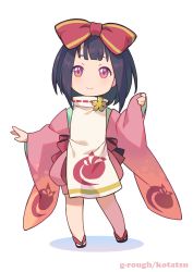 Rule 34 | 1girl, black hair, blunt bangs, blush, bow, chibi, closed mouth, full body, hair bow, hand up, highres, japanese clothes, kimono, kotatsu (g-rough), long sleeves, looking at viewer, no socks, original, personification, pink eyes, pink kimono, red bow, sandals, simple background, smile, solo, white background, wide sleeves