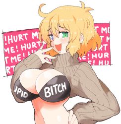 Rule 34 | 1girl, :3, ahoge, bikini, blonde hair, breasts, cleavage, english text, hand on own hip, hand to own mouth, heterochromia, inkerton-kun, looking at viewer, open mouth, profanity, ryouna (senran kagura), senran kagura, short hair, simple background, smile, solo, sweater, swimsuit, white background