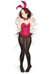 Rule 34 | 1girl, aikawa ren, animal ears, asymmetrical bangs, bare shoulders, bed sheet, black pantyhose, blush, bow, bowtie, breasts, cleavage, closed mouth, dakimakura (medium), detached collar, fake animal ears, from above, frown, full body, head tilt, leotard, looking at viewer, lying, miru tights, nail polish, on back, pantyhose, parted lips, pink bow, pink bowtie, pink leotard, pink lips, pink nails, playboy bunny, rabbit ears, side-tie leotard, small breasts, solo, wrist cuffs, yomu (sgt epper)
