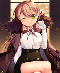 Rule 34 | 1girl, akashi (kancolle), aru (blue archive), aru (blue archive) (cosplay), black skirt, blue archive, brown coat, buckle, buttons, closed mouth, coat, coat on shoulders, collared shirt, cosplay, fur-trimmed coat, fur trim, green eyes, hair between eyes, hair ribbon, high-waist skirt, highres, kantai collection, crossed legs, long coat, long hair, looking at viewer, neck ribbon, one eye closed, open clothes, open coat, pencil skirt, pink hair, red ribbon, ribbon, shirt, shirt tucked in, skirt, smile, solo, tongue, tongue out, tress ribbon, white shirt, yasume yukito