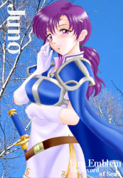 Rule 34 | 1girl, armor, blue armor, cape, character name, copyright name, fire emblem, fire emblem: the binding blade, gloves, hissaa (starlight express), juno (fire emblem), long hair, nintendo, ponytail, purple eyes, purple hair, solo, sword, weapon