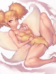 Rule 34 | 1girl, barefoot, blonde hair, breasts, chestnut mouth, dragon&#039;s crown, covered erect nipples, fairy, fairy wings, fumio (rsqkr), looking at viewer, no panties, pointy ears, red eyes, short hair, small breasts, solo, spread legs, thighs, tiki (dragon&#039;s crown), twintails, wings