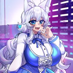 Rule 34 | 1girl, animal ears, breasts, curly hair, fang, fingernails, huge breasts, impossible clothes, indie virtual youtuber, long hair, lumi (merryweather), merryweather, open mouth, osiimi, ribbon, shiny skin, shirt, smile, tail, thick thighs, thighhighs, thighs, tight clothes, virtual youtuber, white hair, wolf ears, wolf girl, wolf tail