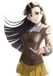 Rule 34 | 1girl, asymmetrical bangs, black eyes, black hair, brown jacket, chi-hatan military uniform, closed mouth, commentary request, cowboy shot, girls und panzer, highres, jacket, long hair, long sleeves, looking at viewer, military uniform, miniskirt, nishi kinuyo, nmz zmn, partial commentary, pleated skirt, simple background, skirt, smile, solo, standing, star (symbol), straight hair, uniform, waving, white background, wind, yellow skirt