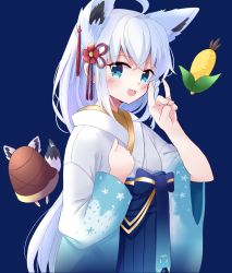 Rule 34 | 1girl, absurdres, alternate costume, animal ears, blue background, blue eyes, blush, commentary request, corn, fox ears, fox shadow puppet, hair ornament, highres, hololive, japanese clothes, kimono, long hair, mizuki (lvo0x0ovl), open mouth, shirakami fubuki, shirakami fubuki (new year), silver hair, simple background, solo, virtual youtuber