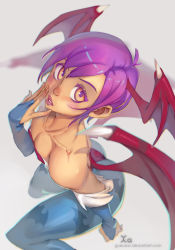 Rule 34 | 1girl, animal print, ass, bare shoulders, bat print, breasts, bridal gauntlets, cleavage, covered erect nipples, head wings, highres, lilith aensland, lips, looking at viewer, looking up, low wings, nose, pantyhose, print pantyhose, purple hair, small breasts, solo, thighs, vampire (game), wings, xaxaxa, yellow eyes