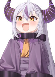 Rule 34 | 1girl, absurdres, black horns, blush, braid, commentary request, facing viewer, fang, grey background, grey hair, hair between eyes, hanamaru tsubaki, happy, highres, hololive, horns, la+ darknesss, long hair, multicolored hair, necktie, open mouth, orange necktie, purple hair, purple shirt, shirt, simple background, skin fang, sleeves past fingers, sleeves past wrists, smile, solo, streaked hair, symbol-shaped pupils, upper body, virtual youtuber, yellow eyes
