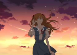 Rule 34 | 1girl, adjusting hair, arm up, blouse, blue dress, blue eyes, blue skirt, closed mouth, cloud, cloudy sky, commentary request, dated, dress, dusk, evening, facing viewer, hair between eyes, hair ornament, hairclip, highres, long hair, looking away, neck ribbon, neckwear request, neon genesis evangelion, orange hair, outdoors, rebuild of evangelion, red ribbon, ri0, ribbon, school uniform, shirt, short sleeves, skirt, sky, smile, solo, souryuu asuka langley, standing, tokyo-3 middle school uniform, two side up, uniform, upper body, white shirt