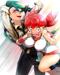 Rule 34 | 2girls, absurdres, arm behind head, black gloves, breasts, commentary request, creatures (company), earrings, game freak, gloves, green hair, highres, jewelry, looking at viewer, multiple girls, nintendo, open mouth, pink hair, pokemon, pokemon hgss, pokemon masters ex, pokemon sv, red eyes, rika (pokemon), suspenders, teeth, v, whitney (pokemon), yxjt4777