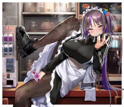 Rule 34 | 1girl, absurdres, breasts, cafe, cigarette, cigarette pack, crazy, hair ornament, highres, holding, holding cigarette, jacket, large breasts, maid, maid headdress, mappaninatta, original, piercing, purple hair, shoes, smoking, sneakers, tobacco, track jacket, track suit, vending machine, yami kawaii, yellow eyes, zipper pull tab