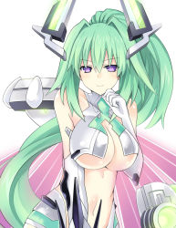 Rule 34 | 1girl, bad id, bad pixiv id, breasts, cleavage, female focus, green hair, green heart (neptunia), highres, large breasts, long hair, looking at viewer, navel, neptune (series), ponytail, power symbol, power symbol-shaped pupils, purple eyes, smile, solo, symbol-shaped pupils, vert (neptunia), very long hair, zero (ray 0805)