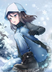 Rule 34 | 1girl, ankle boots, black gloves, blue footwear, blue hat, blue jacket, blue pants, blue skirt, boots, breath, brown eyes, commentary request, girls und panzer, gloves, hat, jacket, keizoku military uniform, long hair, long sleeves, looking to the side, mika (girls und panzer), military, military uniform, miniskirt, on one knee, open mouth, outdoors, pants, pants under skirt, partial commentary, pleated skirt, raglan sleeves, single horizontal stripe, skirt, smile, snow, snowing, solo, track jacket, track pants, tree, tulip hat, uniform, wind, yu sakurai06