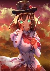Rule 34 | 1girl, absurdres, blood, blood on face, bloody knife, breasts, brown hair, charlotte corday (fate), charlotte corday (third ascension) (fate), curecycadura, fate/grand order, fate (series), green eyes, hat, highres, holding, holding knife, knife, large breasts, looking at viewer, smile, solo, standing, yandere