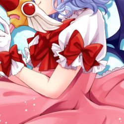 Rule 34 | 1girl, bad id, bad pixiv id, bat wings, blue hair, bow, cardcaptor sakura, close-up, cosplay, female focus, fuuin no tsue, glove bow, gloves, head out of frame, irori, kinomoto sakura, kinomoto sakura (cosplay), profile, remilia scarlet, smile, solo, touhou, wand, white gloves, wings