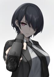 Rule 34 | 1girl, aiming, aiming at viewer, black hair, black jacket, black necktie, breasts, closed mouth, collared shirt, commentary request, earrings, glock, gradient background, grey background, gun, hair over one eye, handgun, highres, holding, holding gun, holding weapon, jacket, jewelry, long sleeves, looking at viewer, medium breasts, mole, mole under eye, necktie, original, red eyes, shirt, short hair, shsuta 0013, smoke, smoking barrel, solo, stud earrings, suit jacket, upper body, weapon, weapon request, white background, white shirt