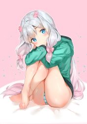 Rule 34 | 1girl, ass, bare legs, barefoot, blue eyes, blush, bow, cheli (kso1564), closed mouth, commentary request, crossed ankles, eromanga sensei, feet, gradient hair, green jacket, hair between eyes, hair bow, head tilt, highres, hood, hood down, hooded jacket, hooded track jacket, izumi sagiri, jacket, long hair, long sleeves, multicolored hair, panties, pink background, pink bow, pink hair, sidelocks, silver hair, sitting, smile, solo, striped clothes, striped panties, toes, track jacket, two-tone background, underwear, very long hair, white background