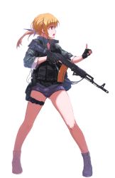 Rule 34 | 1girl, ak-74, ak-74m, assault rifle, blonde hair, blue eyes, boots, fingerless gloves, gloves, gun, holster, kalashnikov rifle, legs, load bearing vest, military operator, nightmaremk2, one-piece swimsuit, open mouth, original, ponytail, profile, rifle, school swimsuit, simple background, solo, standing, swimsuit, swimsuit under clothes, thigh holster, trigger discipline, weapon, white background