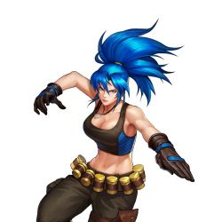 Rule 34 | 1girl, abs, artist request, bare shoulders, belt, black gloves, blue eyes, blue hair, breasts, clenched hand, dog tags, fighting stance, gas can, gloves, green pants, high ponytail, leona heidern, midriff, multicolored clothes, muscular, muscular female, navel, official art, pants, ponytail, solo, source request, tank top, the king of fighters