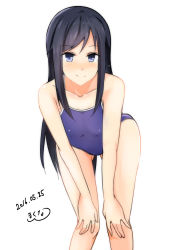 Rule 34 | 10s, 1girl, 2016, artist request, asashio (kancolle), bare shoulders, bent over, black hair, blue eyes, blush, breasts, collarbone, competition school swimsuit, competition swimsuit, dated, hands on own knees, kantai collection, kitaminami, leaning forward, long hair, looking at viewer, one-piece swimsuit, school swimsuit, signature, simple background, small breasts, smile, solo, swimsuit, white background