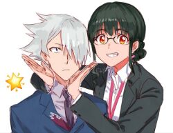 Rule 34 | 1boy, 1girl, anosillus ii, anti (ssss.gridman), black hair, blue eyes, braid, breasts, formal, glasses, grey hair, gridman universe, gridman universe (film), hair over one eye, jacket, long hair, long sleeves, looking at viewer, name tag, red eyes, risyo, shirt, short hair, small breasts, smile, ssss.dynazenon, suit
