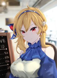 Rule 34 | 1girl, absurdres, blonde hair, blue dress, blurry, blurry background, cafe, dress, earrings, firen inferno, hair bun, hair ornament, hair ribbon, highres, hololive, hololive indonesia, jewelry, kaela kovalskia, looking at viewer, red eyes, ribbon, smile, virtual youtuber