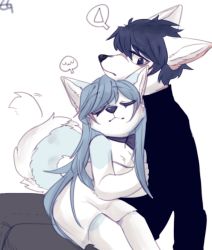 Rule 34 | 1boy, 1girl, animal ears, animal nose, bad id, bad pixiv id, bare shoulders, black hair, blue eyes, blue fur, blue hair, blush, body fur, child, closed mouth, commentary, dress, closed eyes, flat chest, furry, furry female, furry male, furry with furry, grey pants, hair between eyes, hetero, long hair, long sleeves, looking at another, original, pants, ressue (gomgom), scar, short hair, signature, simple background, sitting, sitting on lap, sitting on person, snout, tail, tail wagging, two-tone fur, white background, white dress, white fur, wolf, wolf boy, wolf ears, wolf girl, wolf tail