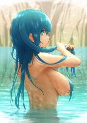 Rule 34 | 1girl, aqua eyes, blue hair, breasts, closed mouth, convenient censoring, day, expressionless, from side, hair over breasts, highres, holding, holding own hair, large breasts, long hair, looking at viewer, looking back, nude, original, outdoors, oyaji-sou, reflection, sidelocks, solo, upper body, wading, water, wet