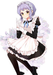 Rule 34 | 1girl, absurdres, adjusting clothes, adjusting gloves, alternate costume, apron, back bow, black footwear, black skirt, black socks, blue bow, blue bowtie, blush, bow, bowtie, breasts, commentary, dot nose, enmaided, expressionless, floral background, frilled apron, frilled skirt, frills, gloves, hand up, highres, idolmaster, idolmaster million live!, idolmaster million live! theater days, juliet sleeves, kneehighs, long sleeves, looking at viewer, maid, maid apron, maid headdress, makabe mizuki, puffy sleeves, purple hair, shishiodoshi, shoes, short hair, sidelocks, skirt, small breasts, socks, solo, wavy hair, white apron, white background, white gloves, wing collar, yellow eyes