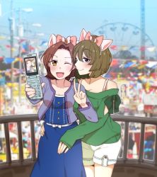 Rule 34 | 10s, 2girls, ;d, animal ears, arms around waist, bad id, bad twitter id, bare shoulders, blue eyes, blush, bow, bra strap, breasts, brown eyes, brown hair, camera phone, carnival, cellphone, cleavage, clothing cutout, collarbone, day, fake animal ears, ferris wheel, flip phone, hair between eyes, hair bow, holding, holding phone, idolmaster, idolmaster cinderella girls, ilhi, kawashima mizuki, lamppost, layered clothes, long skirt, long sleeves, medium breasts, mole, mole under eye, multiple girls, no legwear, off shoulder, one eye closed, open mouth, outdoors, pennant, phone, photo background, railing, selfie, short hair, shorts, shoulder cutout, skirt, sky, sleeves past wrists, smile, string of flags, takagaki kaede, unbuttoned, v