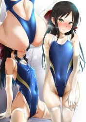 Rule 34 | 1girl, arm support, ass, back cutout, bare shoulders, black hair, blue one-piece swimsuit, blush, bow, brown eyes, clothing cutout, collarbone, commentary request, covered navel, elbow gloves, flat chest, full-face blush, gloves, hair bow, half updo, heavy breathing, highleg, highleg swimsuit, hip focus, idolmaster, idolmaster cinderella girls, long hair, multiple views, one-piece swimsuit, open mouth, pija (pianiishimo), pouring, red bow, sidelocks, sitting, spread legs, swimsuit, tachibana arisu, thighhighs, thighs, water, wet, white gloves, white thighhighs