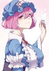 Rule 34 | 1girl, blue hat, breasts, bug, butterfly, butterfly on hand, closed mouth, gradient background, hat, highres, insect, large breasts, looking at viewer, mirufui, mob cap, pink background, pink eyes, pink hair, red pupils, saigyouji yuyuko, smile, solo, touhou, upper body