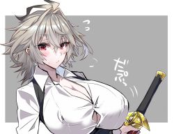 Rule 34 | 1girl, blush, border, breasts, bursting breasts, cleavage, commentary request, covered erect nipples, fate/apocrypha, fate (series), flying sweatdrops, genderswap, genderswap (mtf), grey background, grey hair, hair between eyes, haoro, holding, holding sword, holding weapon, huge breasts, looking at viewer, red eyes, sheath, sheathed, short hair, sieg (fate), simple background, solo, sword, upper body, weapon, white border