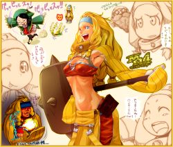 Rule 34 | 2girls, ;p, bandaid, bandaid on face, bandaid on nose, bandeau, blonde hair, blue eyes, capcom, character request, crafting shop daughter (monster hunter), female focus, glass, guildmarm (monster hunter), hairband, hammer, hat, highres, long hair, midriff, monster hunter, monster hunter (series), monster hunter 4, multiple girls, multiple views, one eye closed, open mouth, overalls, smile, strapless, tongue, tongue out, tube top, white background, wink, yakibuta (shimapow)