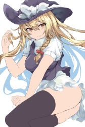 Rule 34 | 1girl, apron, ass, bad id, bad twitter id, blonde hair, bow, braid, frills, hair bow, hand in own hair, hand on own hip, hat, hat bow, kaeranu kaeru, kirisame marisa, long hair, no pants, puffy sleeves, shirt, short sleeves, side braid, simple background, single braid, solo, thighhighs, thighs, touhou, vest, waist apron, white background, white bow, white shirt, witch hat, yellow eyes