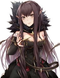 Rule 34 | 1girl, black cola, breasts, cleavage, commentary request, detached collar, fate/apocrypha, fate (series), hair between eyes, hair intakes, highres, long hair, pointy ears, semiramis (fate), standing, very long hair, white background