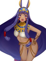 Rule 34 | 1girl, animal ears, arm wrap, bangle, blush, blush stickers, bra, bracelet, breasts, collar, commentary request, dark-skinned female, dark skin, earrings, egyptian clothes, facial mark, fate/grand order, fate (series), hair between eyes, hair ornament, hair tubes, hairband, hand on own hip, headband, hoop earrings, jewelry, km yama, long hair, looking at viewer, low-tied long hair, midriff, neck ring, nitocris (fate), open mouth, panties, purple eyes, purple hair, rabbit ears, revealing clothes, sidelocks, simple background, small breasts, solo, standing, thigh gap, thong, two-tone hairband, underboob, underwear, usekh collar, very long hair, white background, white bra, white panties