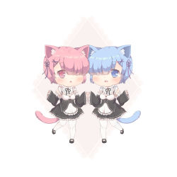 Rule 34 | 10s, 2girls, :d, absurdres, animal ears, apron, bad id, bad pixiv id, black dress, black footwear, black ribbon, blue eyes, blue hair, blush, cat ears, cat girl, cat tail, chibi, commentary request, detached sleeves, dress, fang, foreign blue, frilled apron, frilled dress, frills, hair ornament, hair over one eye, highres, holding hands, kemonomimi mode, long sleeves, looking at viewer, maid, mary janes, multiple girls, open mouth, pantyhose, parted lips, pink eyes, pink hair, ram (re:zero), re:zero kara hajimeru isekai seikatsu, rem (re:zero), ribbon, shoes, short hair, siblings, sisters, sleeveless, sleeveless dress, sleeves past wrists, smile, standing, standing on one leg, symmetry, tail, twins, white apron, white legwear, wide sleeves, x hair ornament